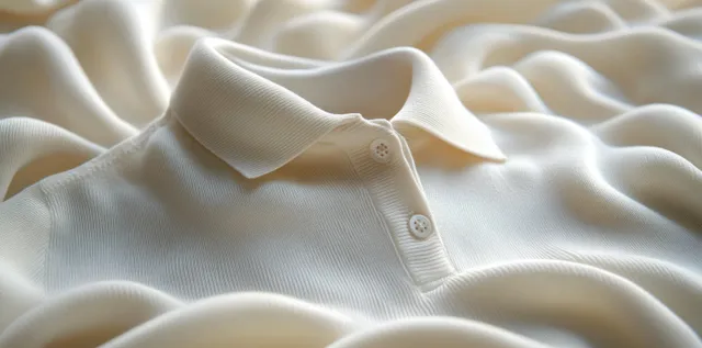 White long-sleeve polo shirt lies flat with collar and button placket visible amid soft fabric wrinkles.
