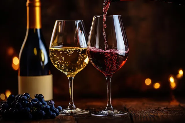 Red wine pours into a glass beside a white wine glass, with a bottle, grapes, and warm bokeh lights on a wooden table.
