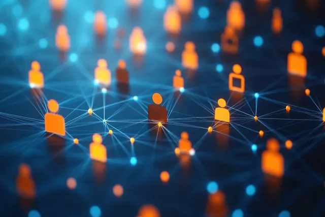 Orange human icon silhouettes connected by glowing blue network lines on dark cyberspace background
