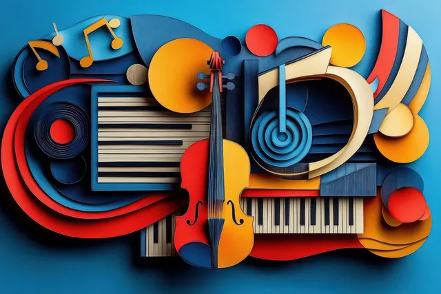 Layered paper cutout music collage with a violin, piano keys, headphones, and swirling notes on a blue background.