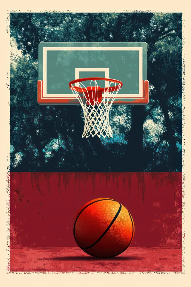 Orange basketball resting on a red outdoor court under a hoop and net with trees and green foliage behind.
