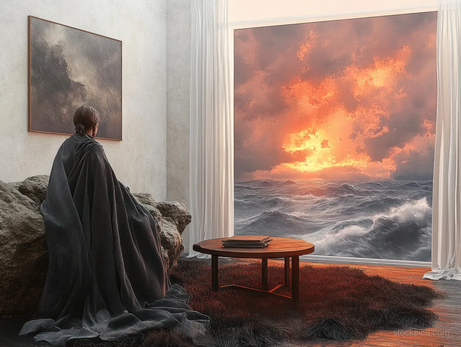 A cloaked person sits indoors by a big window, watching churning ocean waves beneath a dramatic fiery sunset sky.