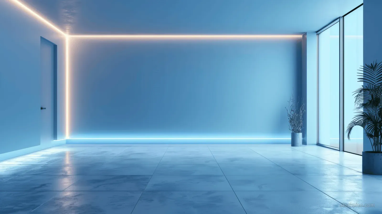 Empty light-blue interior room with neon ceiling lights, smooth tiled floor, and a large window.