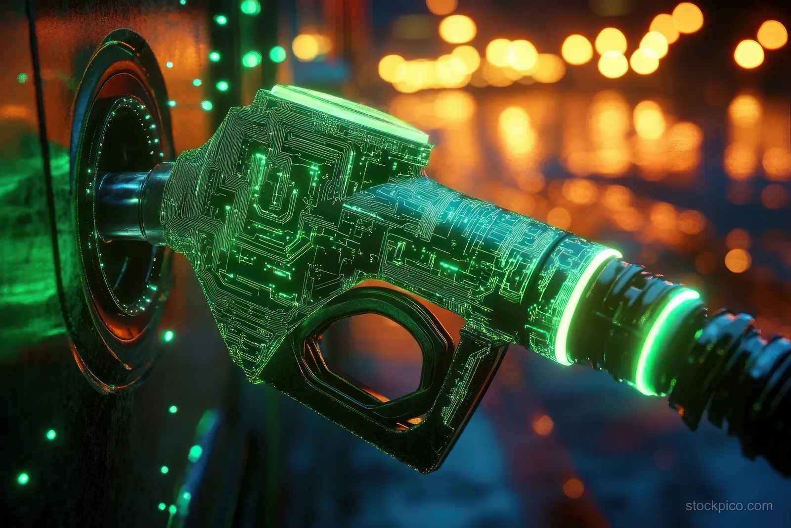 A neon green futuristic gas pump nozzle glows with circuit patterns inside a fuel tank opening at night.