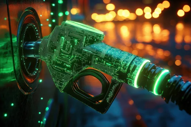 A neon green futuristic gas pump nozzle glows with circuit patterns inside a fuel tank opening at night.