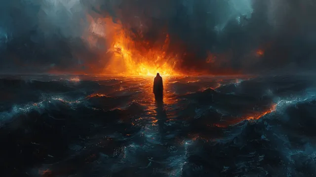 A figure walks on turbulent ocean waves while orange fire glows from his hands, lighting a path through storm clouds.