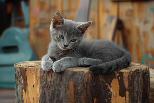 Gray kitten with green eyes resting on a weathered tree stump outdoors.