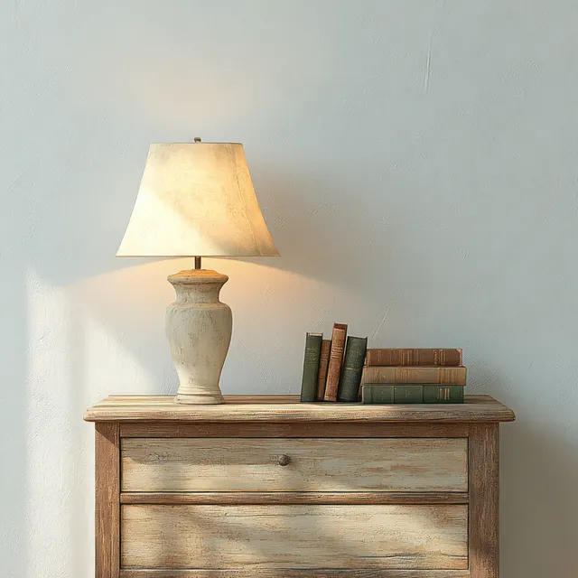 Rustic wooden cabinet with stacked books next to a vintage lamp casting warm light on a pale wall.