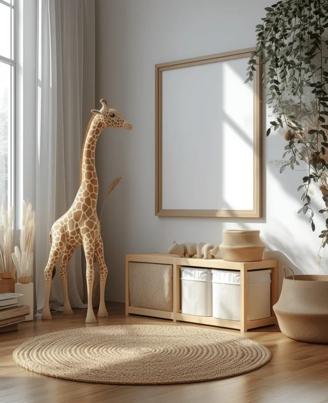 Minimal Scandinavian nursery interior with a wooden giraffe toy near a blank wall frame and daylight through curtains.