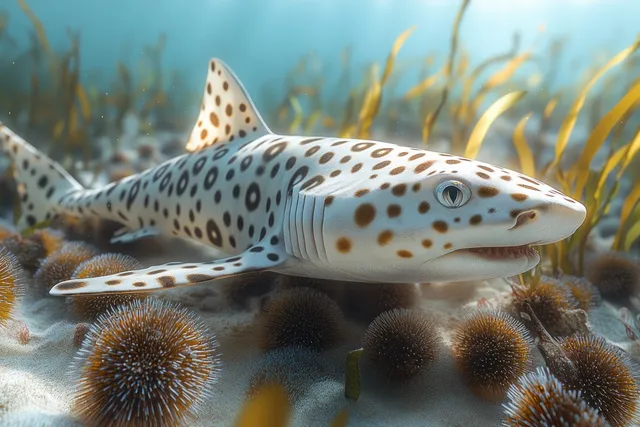 Leopard shark resting on a sandy seafloor with sea urchins nearby in the underwater blue ocean.