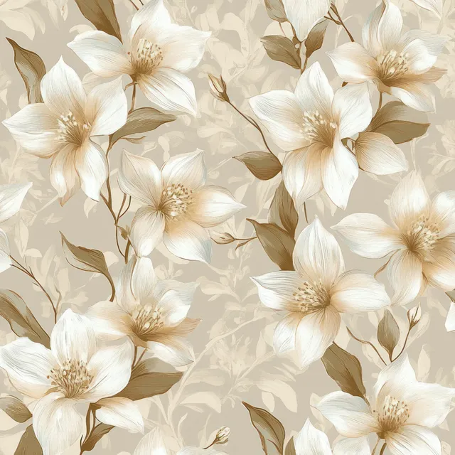 Seamless pattern of cream and beige flowers with detailed petals and leaves over a warm brown background.
