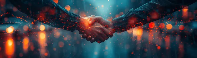 Hands handshake over glowing finance charts, global network nodes and data particles