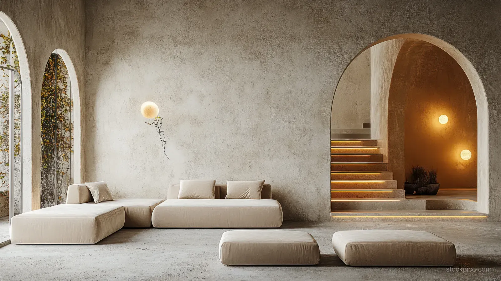 Minimalist living room showing light sofas, an arched doorway, and softly lit floating stairs in neutral walls.