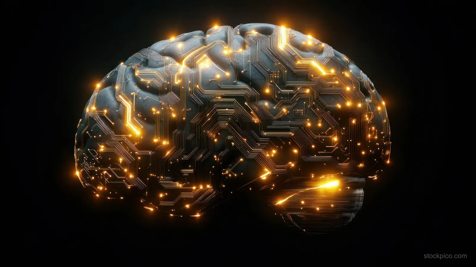 Glowing digital brain sphere with illuminated circuitry and neural connection patterns on a dark background.