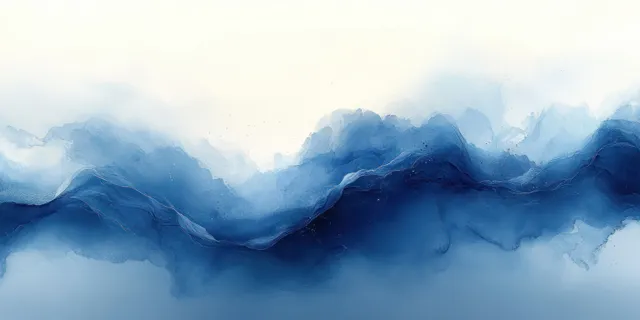 Abstract blue watercolor waves with misty gray cloud layers and soft flowing fluid lines.
