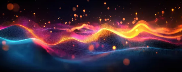 Neon cyber landscape with glowing data wave and particle connections over dark horizon