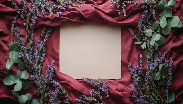 Blank beige paper centered on wrinkled burgundy fabric framed by purple lavender flowers and green eucalyptus leaves.