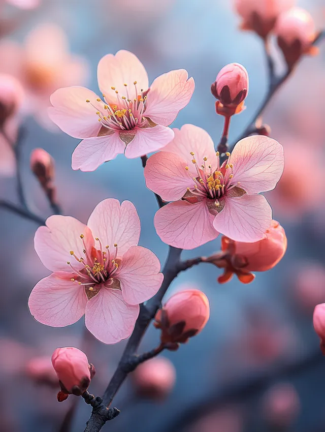 Pink cherry blossoms bloom on a branch with soft blurred lights in the background.