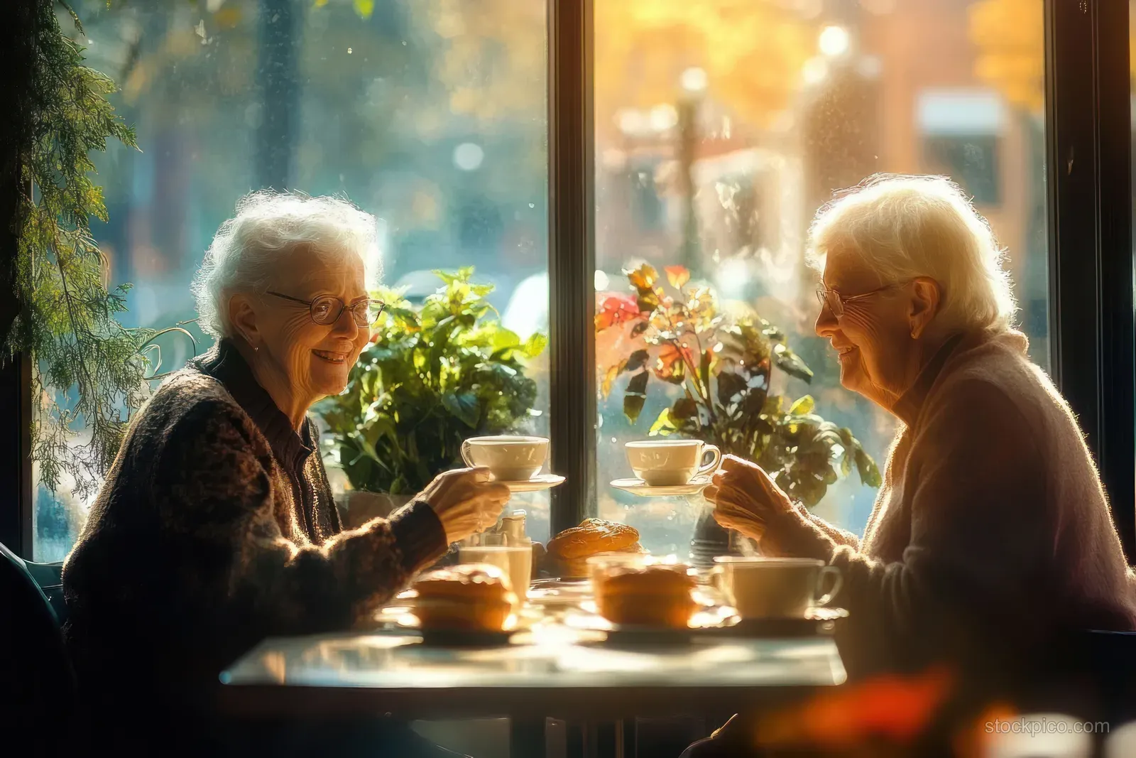 Two elderly women friends sit in a sunlit cafe table, holding tea cups beside pastries while chatting.