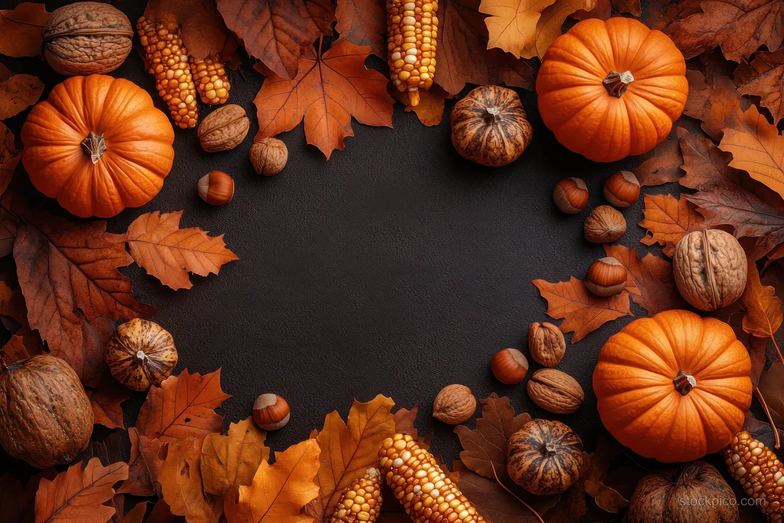Pumpkins, corn, nuts, and dried autumn leaves are scattered around a dark background with empty space in the center.