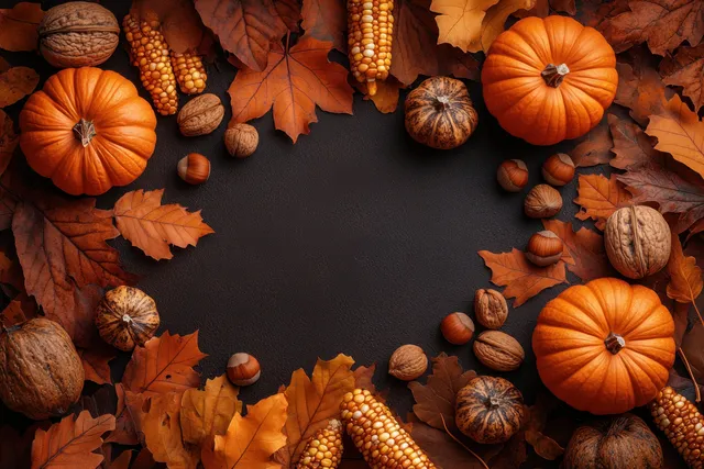 Pumpkins, corn, nuts, and dried autumn leaves are scattered around a dark background with empty space in the center.