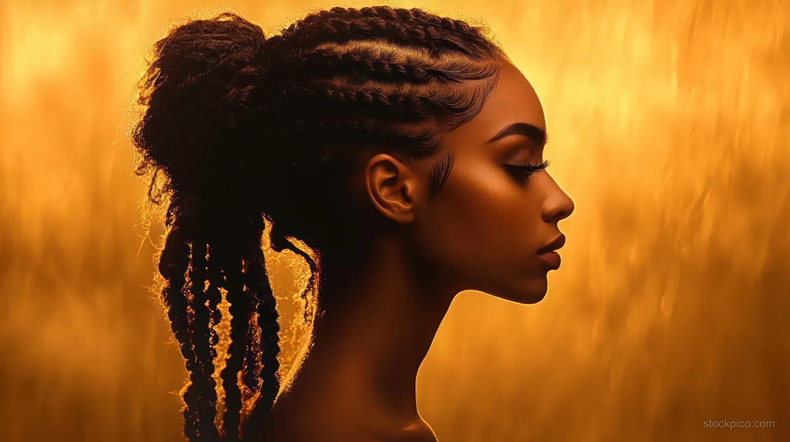 Black woman in side profile with braided hair and a dangling earring against a warm golden blurred background.