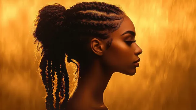Black woman side profile portrait with braided hair, earring, and golden field glow
