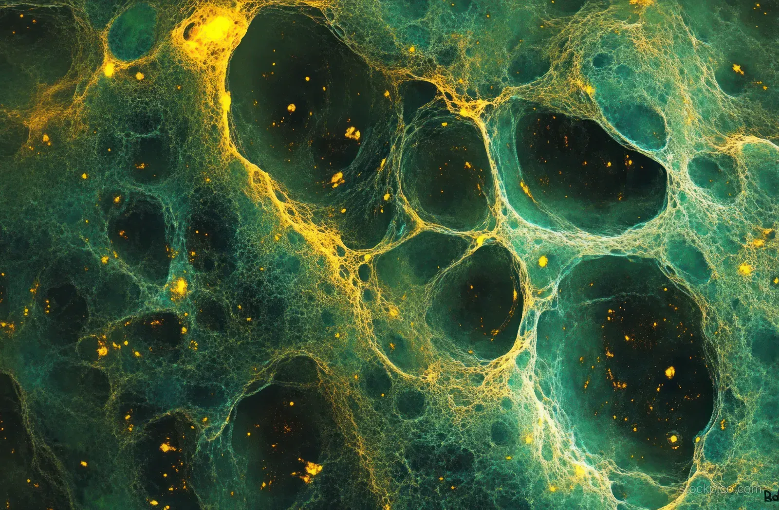 Macro close-up of an irregular green porous mesh network with bright yellow glowing patches and holes.