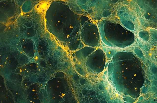 Macro close-up of an irregular green porous mesh network with bright yellow glowing patches and holes.