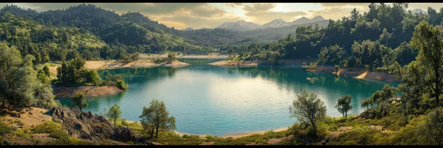 Panoramic tranquil lake with green forest, rocky hills, and distant snow-capped mountains