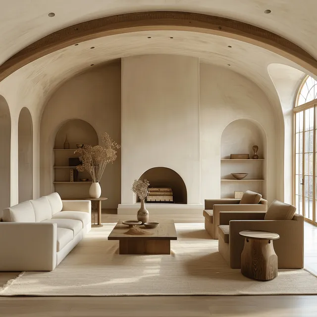 Minimalist living room with arched ceiling, fireplace, beige carpet, sofas, and natural light from large windows.