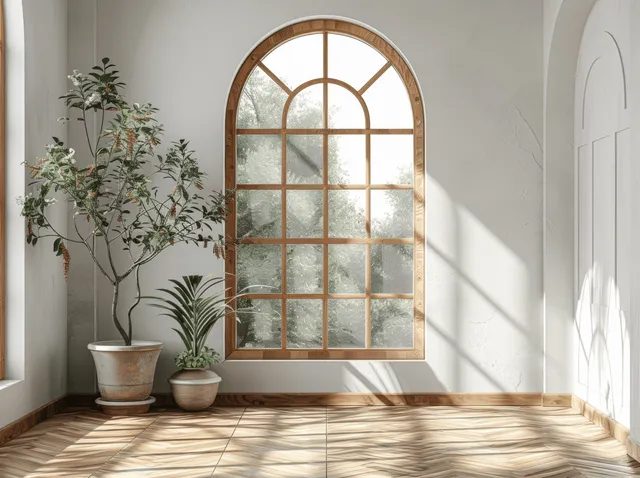 White A2 posters in wooden frames leaning on wall beside arched window sunlight