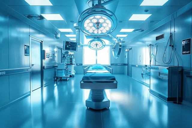 Sterile operating room corridor with surgical lights, monitors, medical devices, and a central operating table in blue light.