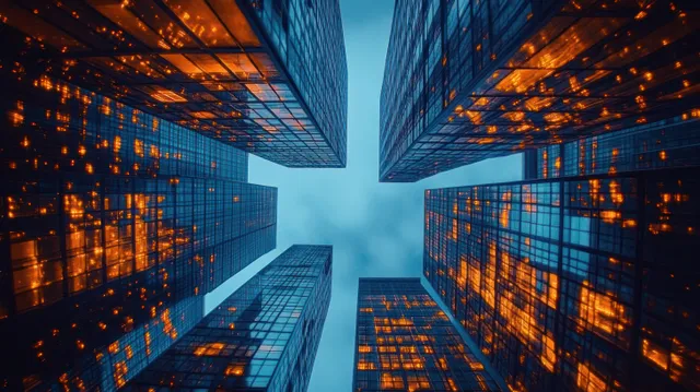 Futuristic city data streams between skyscrapers showing secure digital finance traffic at dusk