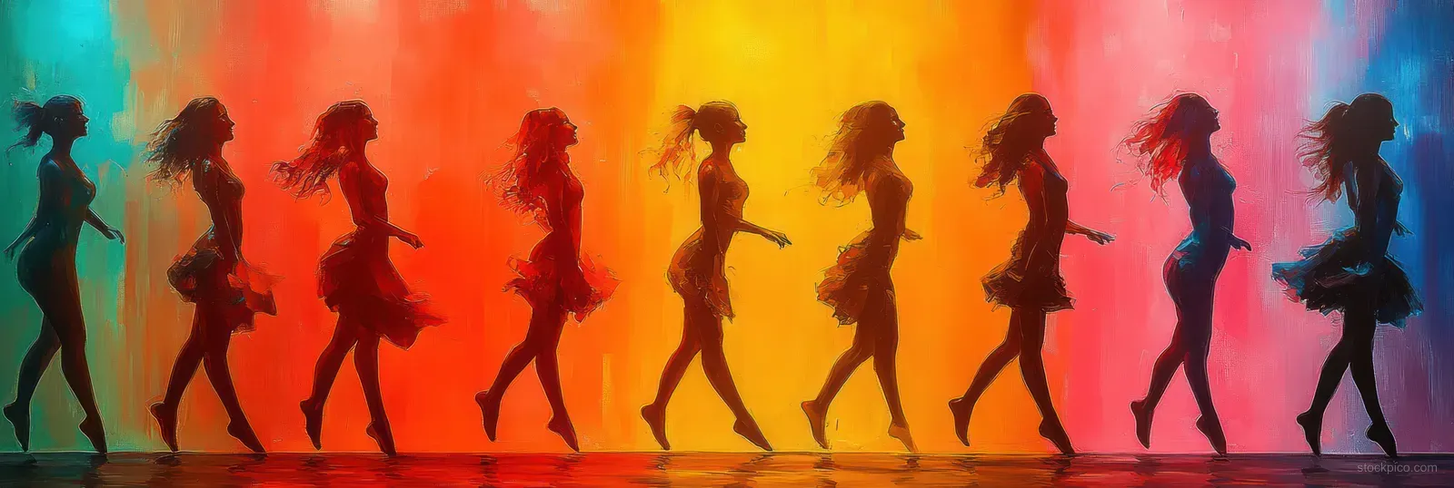 Silhouette of joyful young girls dancing in colorful neon pop art against a bright gradient background.