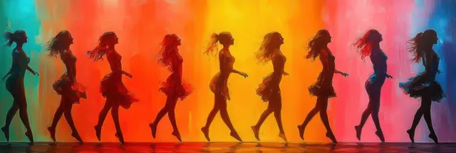 Joyful girls dancing in pop art silhouettes, colorful neon backdrop with motion blur