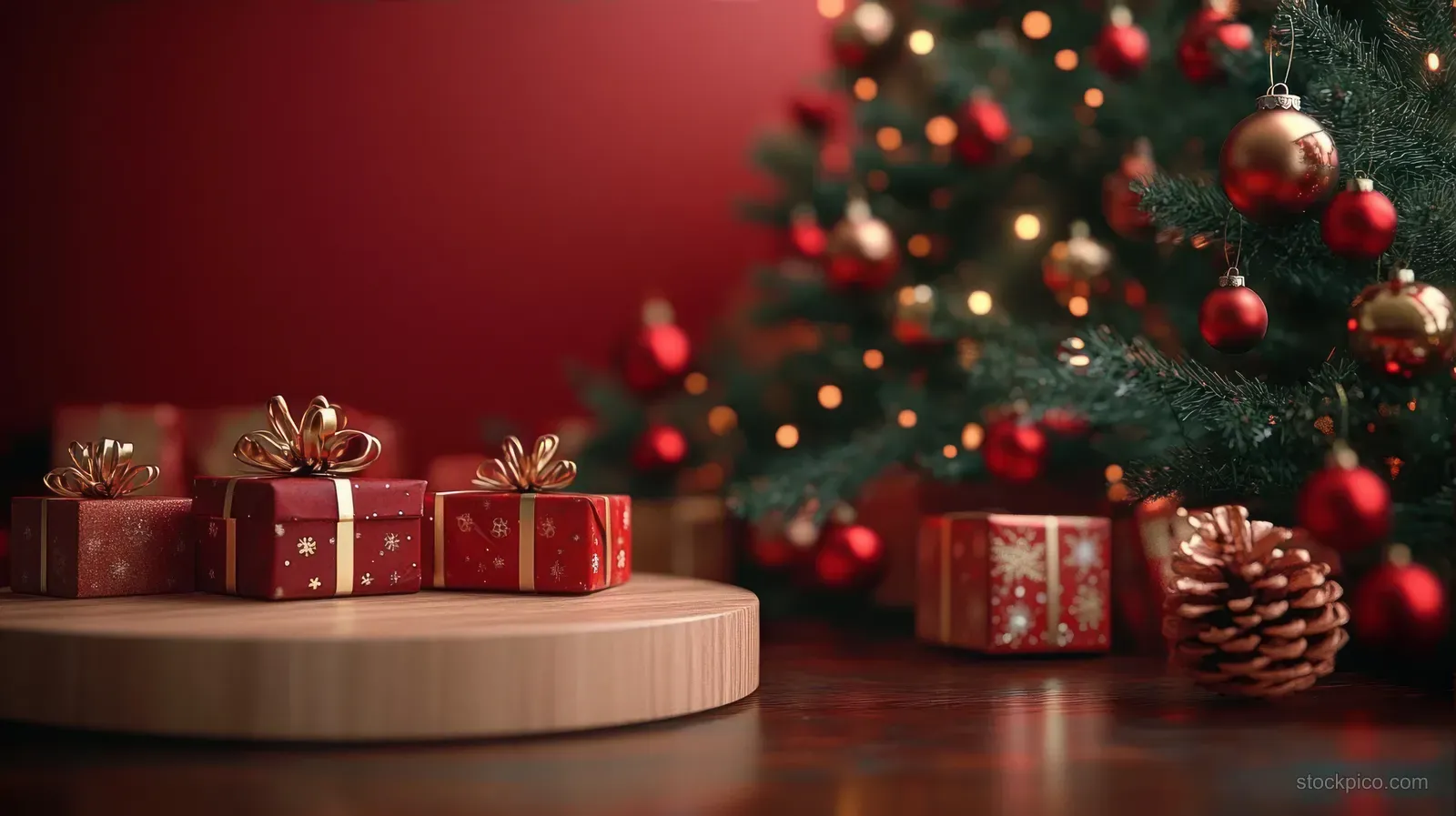 Red and gold wrapped Christmas gift boxes on a wooden pedestal near a decorated tree with glowing bokeh lights.
