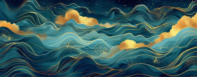 Golden wavy lines sweep across dark blue ocean, watercolor clouds and stormy sky