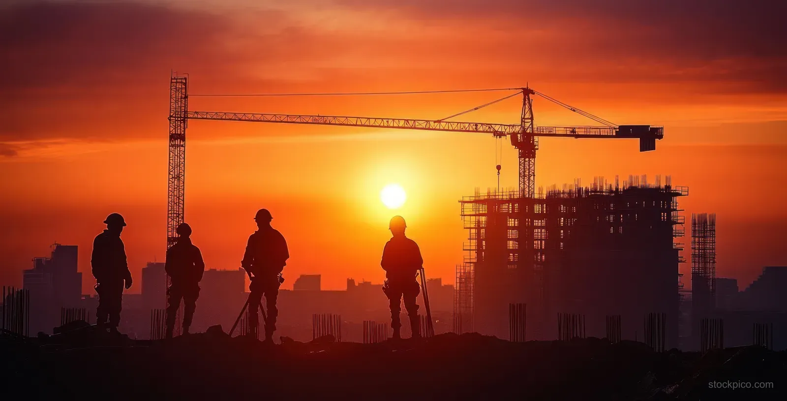 Silhouetted construction workers and a survey engineer stand on a building site with cranes at sunset.