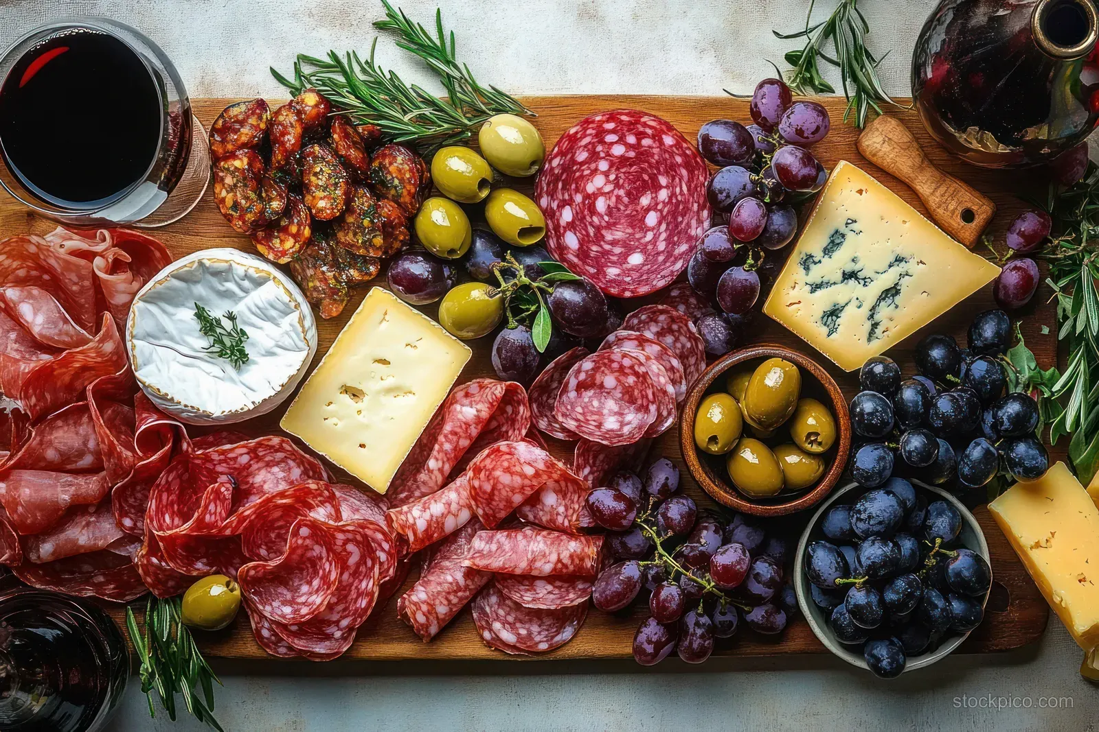 Rustic charcuterie board with salami, cheese slices, grapes, olives, herbs, and a glass of red wine on a table.