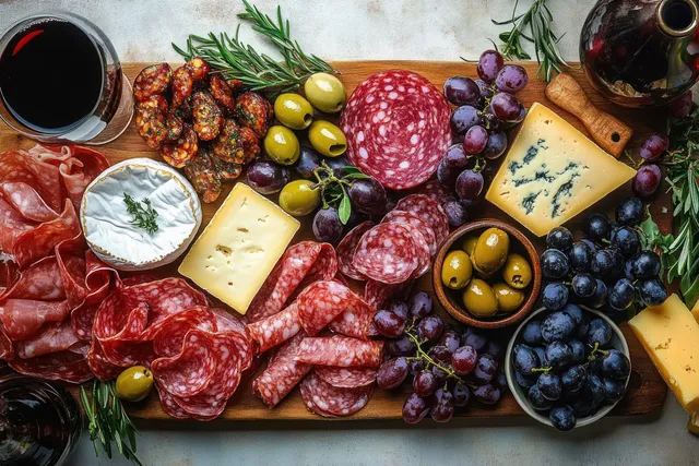 Rustic charcuterie board with salami, cheese slices, grapes, olives, herbs, and a glass of red wine on a table.