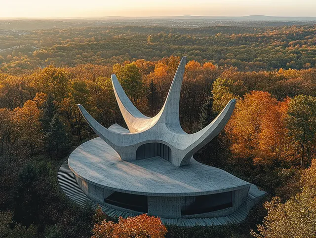 Futuristic concrete building with curved spires surrounded by orange and yellow autumn forest at dusk.