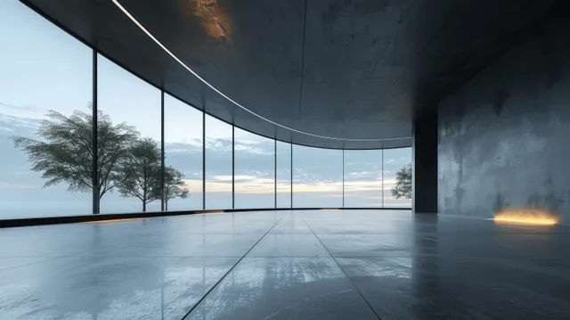 Minimalist glass architectural entrance with curved concrete floor and panoramic curtain wall glazing.