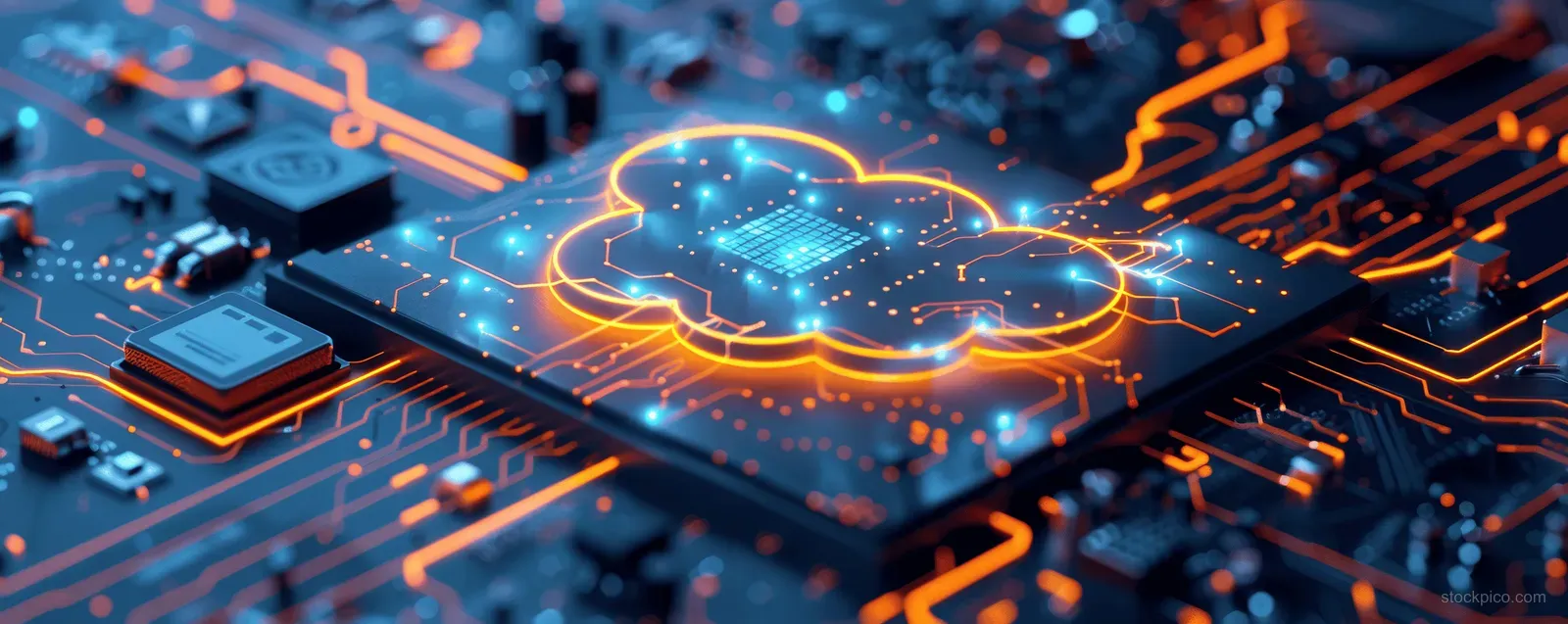 Glowing cloud icon sits on a circuit board with connected digital lines.
