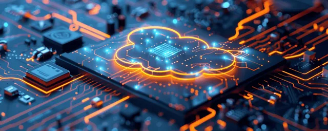 Glowing cloud server icon on circuit board with secure data network