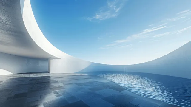White curved building terrace and concrete walkway curve along calm blue water under a bright sky.