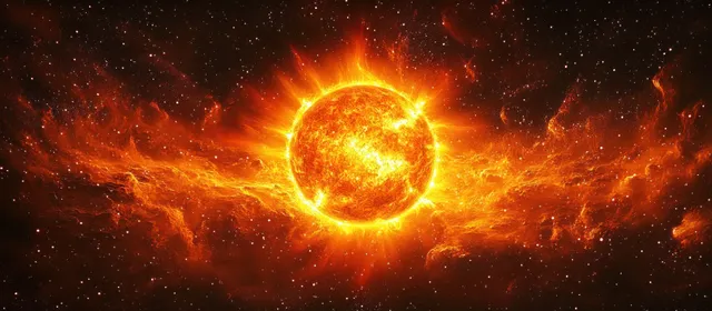 A glowing golden cosmic sun with a halo surrounded by swirling galaxy clouds and bright starburst light.