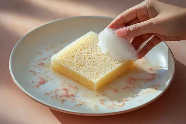 A hand wipes a white plate with a yellow sponge, removing food residue on a pink background.