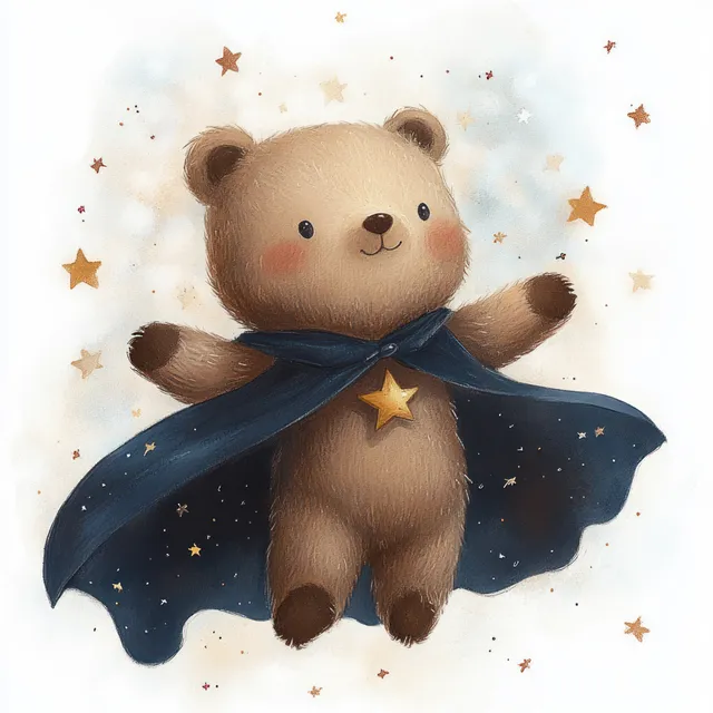 Bear cub superhero in blue cape flying through starry night sky watercolor illustration
