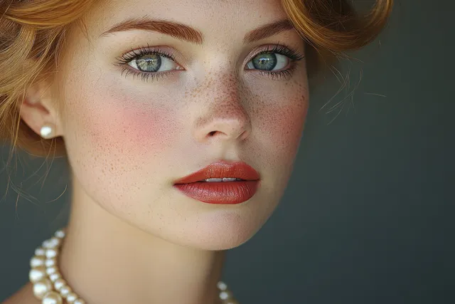 Close-up portrait of a woman wearing pearl necklace and gold earrings in soft light with Shallow Depth Of Field